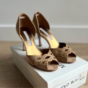 Manolo Blahnik Brown/Tan Suede Heeled Open Toe D’Orsay Sandals